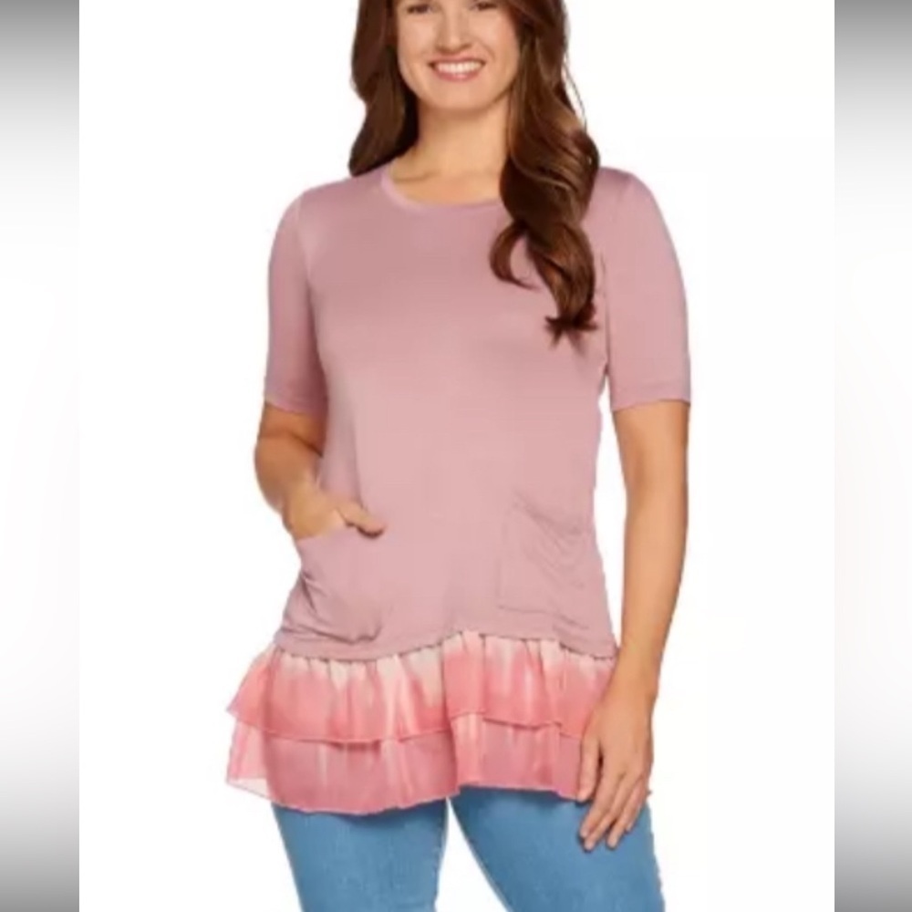 LOGO BY LORI GOLDSTEIN SOLID TOP WITH TIE DYE WOVEN RUFFLE HEM A288039 size 1X